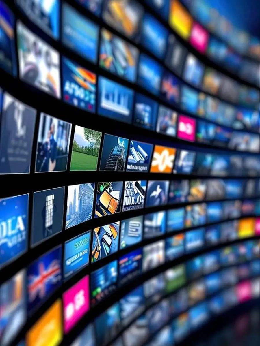 A curved wall of television screens showing many different channels at once
