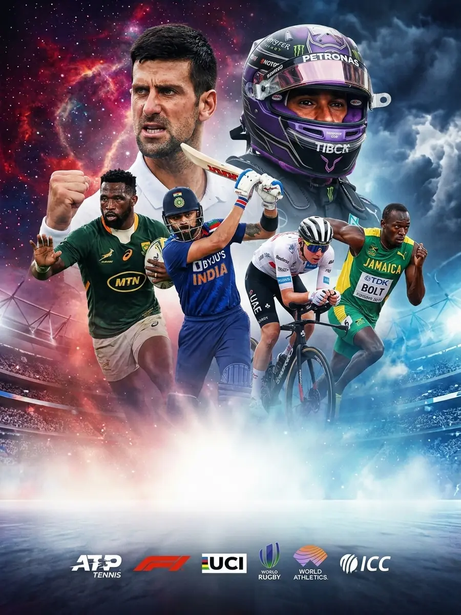 A montage of athletes from tennis, motorsport, cricket, rugby and athletics