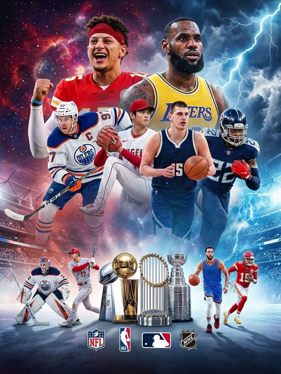 A montage of American team-sport players with league trophies