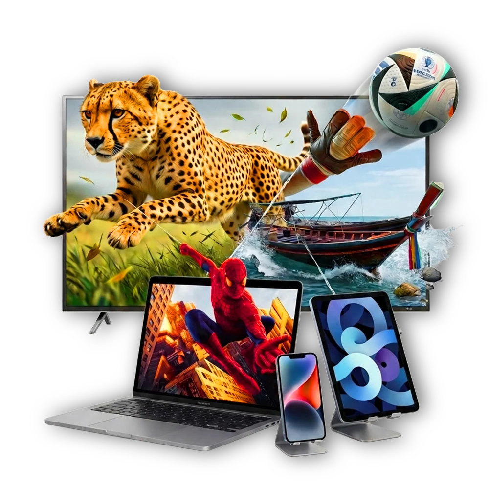 A TV, laptop, tablet and phone streaming sport, films and series on SwiftChannels